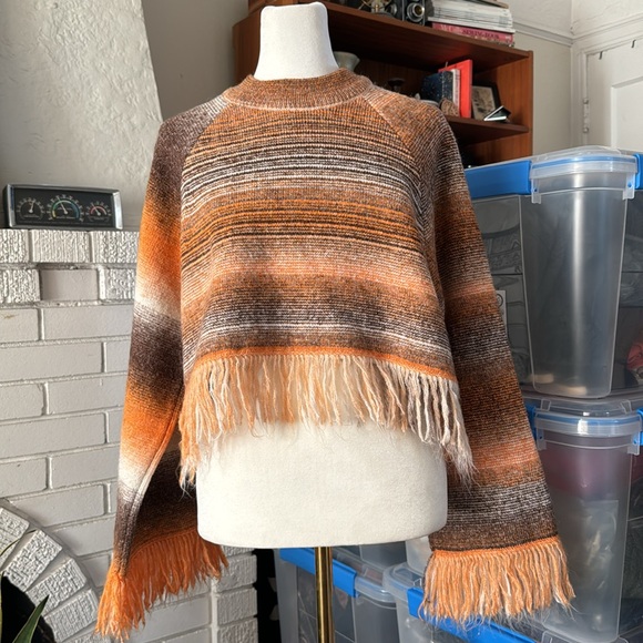 Zara Orange Brown Boho Fall Crop Fringe Sweater Blogger Fave 70s Ombré Spacedye - Picture 4 of 10